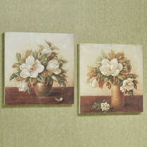 Blooming Magnolia Wooden Handpainted Wall Art Plaques Set Brown, Sage and Ivory 20"sq Set of 2