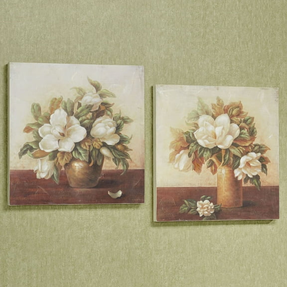 Blooming Magnolia Wooden Handpainted Wall Art Plaques Set Brown, Sage and Ivory 20"sq Set of 2