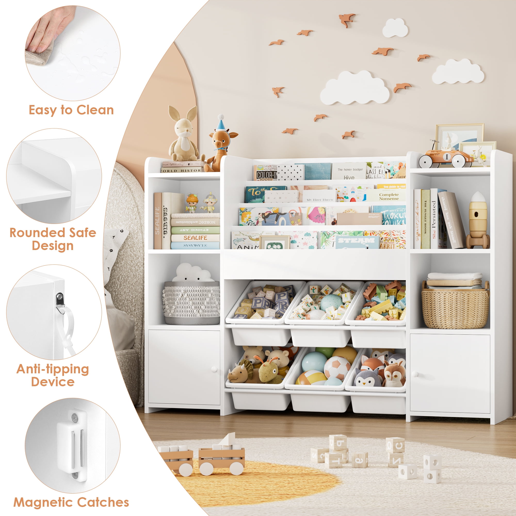 Hiphuta Kids Bookcase Toy Storage Organizer, Wooden Toy Chest for Kids with 6 Removable Toy Boxes, Kids Storage Bookshelf for Home Bedroom Playroom, White