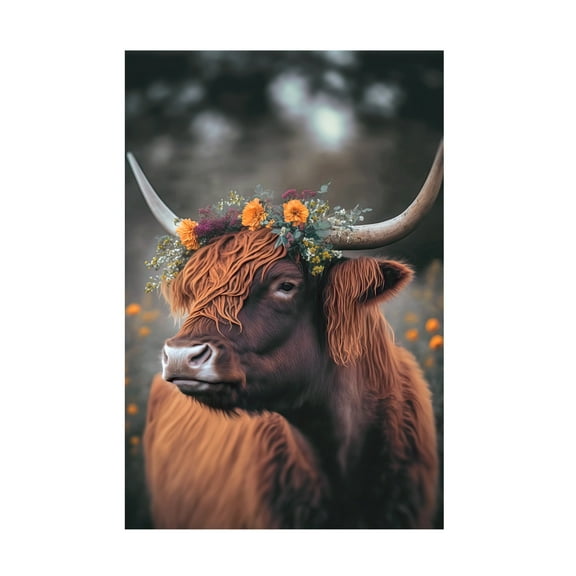 Canvas Wall Art - Treechild 'Highland Cow With Flowers' Wall Art for Living Room, Bedroom, or Office D?cor by Trademark Fine Art - 12 x 19 Inches