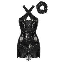TiaoBug Womens Latin Jazz Dance Leotard Sequins Tassel Gymnastics Jumpsuit with Hair Tie Black L