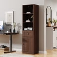 thumbnail image 6 of Farmhouse Bookshelf with Drawer, 71" Tall Narrow Bookcase with Adjustable Left/Right Door, Adjustable Shelf, Freestanding Display Book Shelf for Living Room,Bedroom, Office, Walnut, 6 of 10
