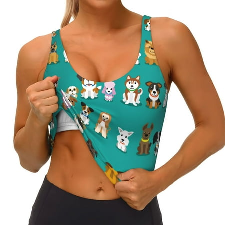 Qokaie Cartoon Dogs Pattern Womens Scoop Neck Sports Bra Breathable Workout Vest Padded U Back Medium Impact Fitness Gym Yoga Bra Workout Crop Top