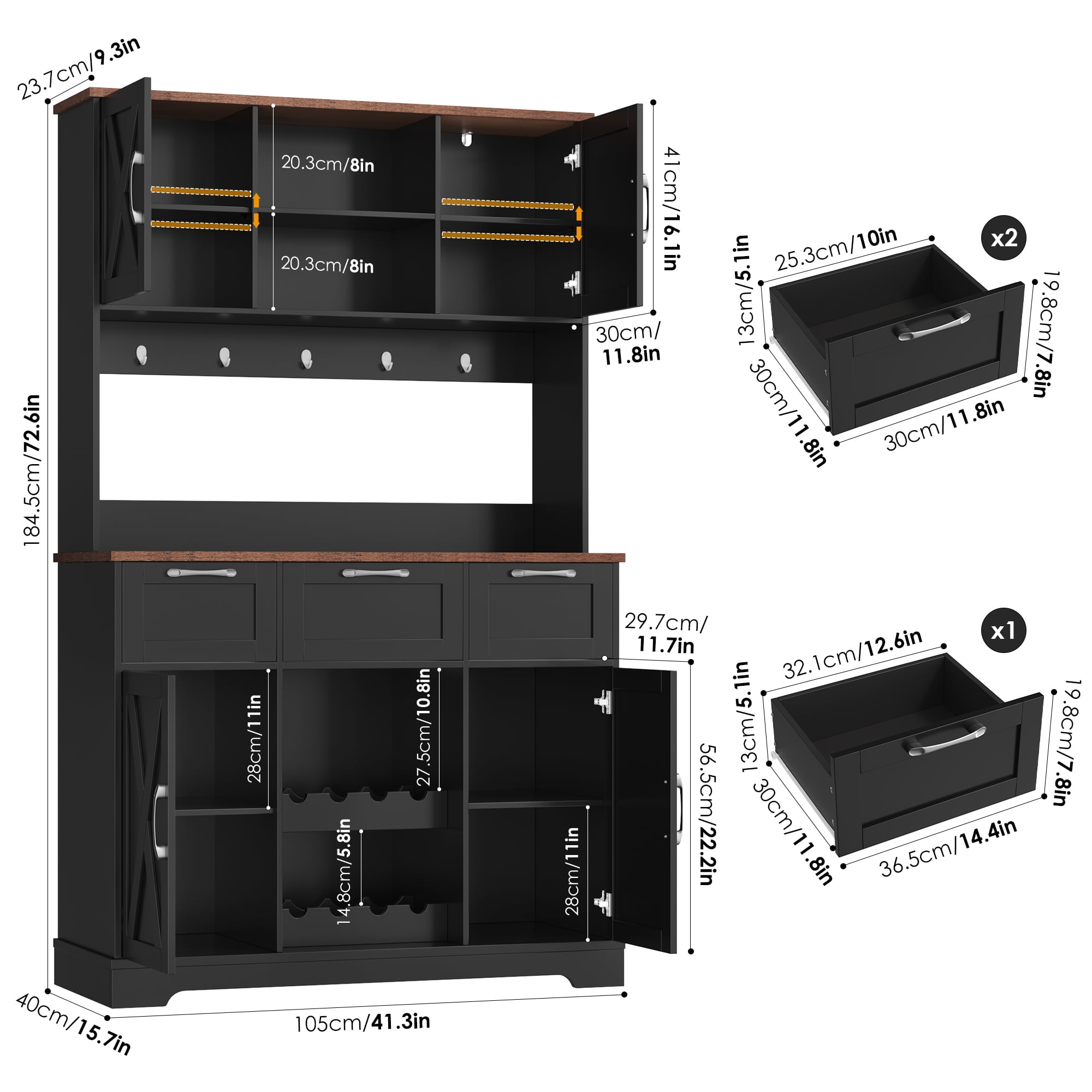 Homfa 71'' Tall Wine Bar Cabinet with Storage Hutch & 3 Drawers, Farmhouse Coffee Bar Cabinet Wine Rack with Adjustable Shelves for Kitchen Dining Room, Black