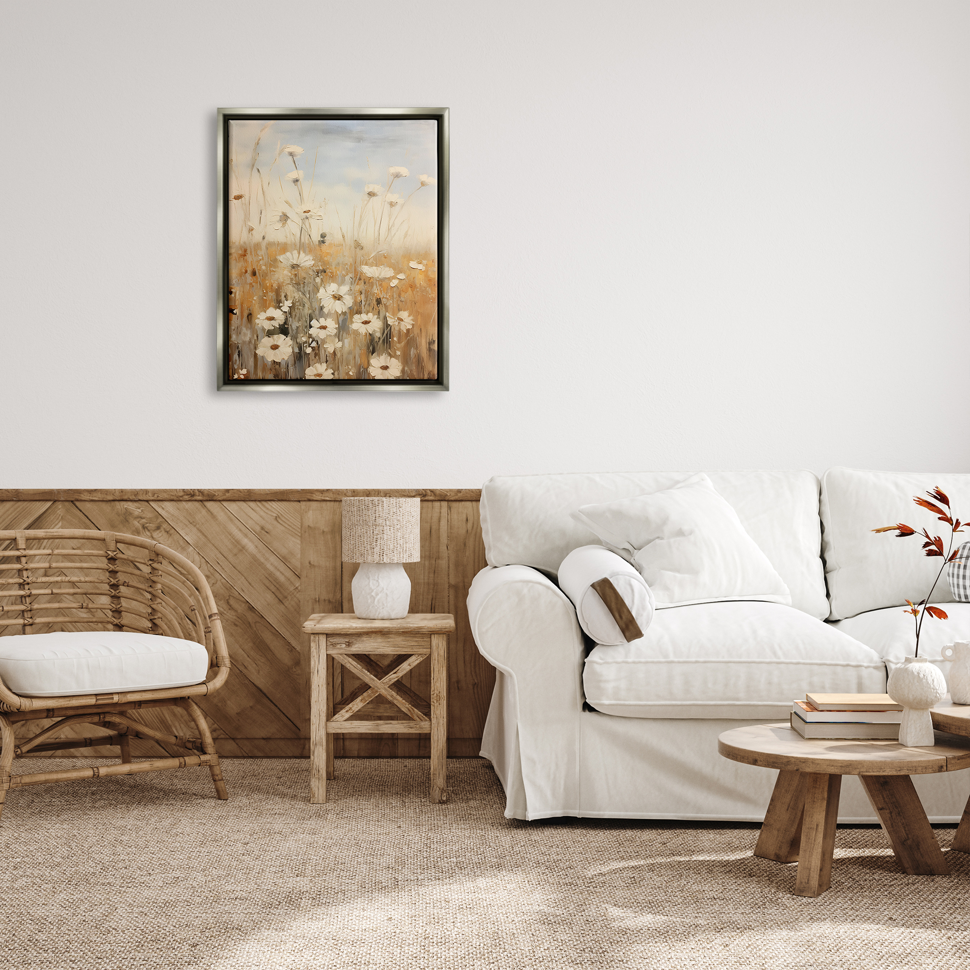 Stupell Industries Daisy Meadow Painting Botanical & Floral Painting Gray Floater Framed Canvas Art Print Wall Art, 25 x 31