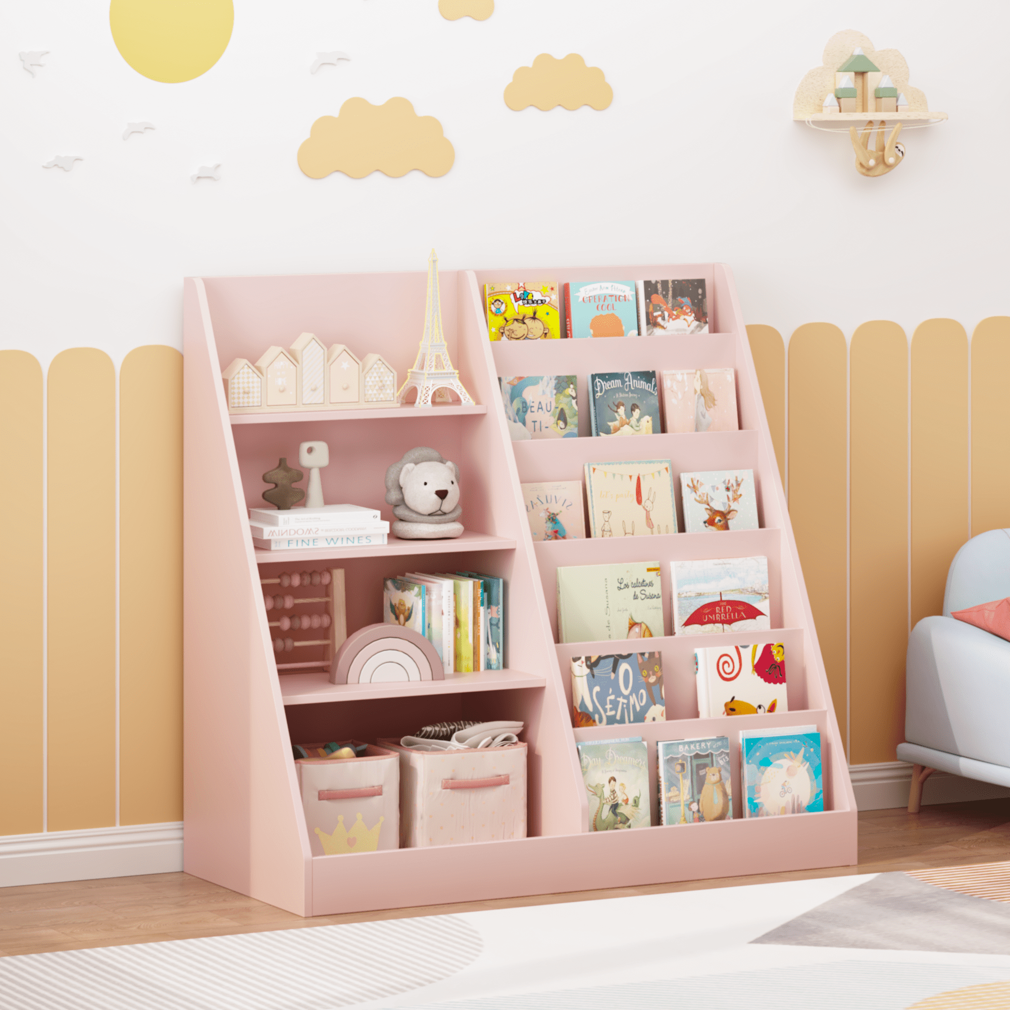 Pink Kids Bookshelf with Toy Storage Bin 2-Tier Display Childrens Room Organizer