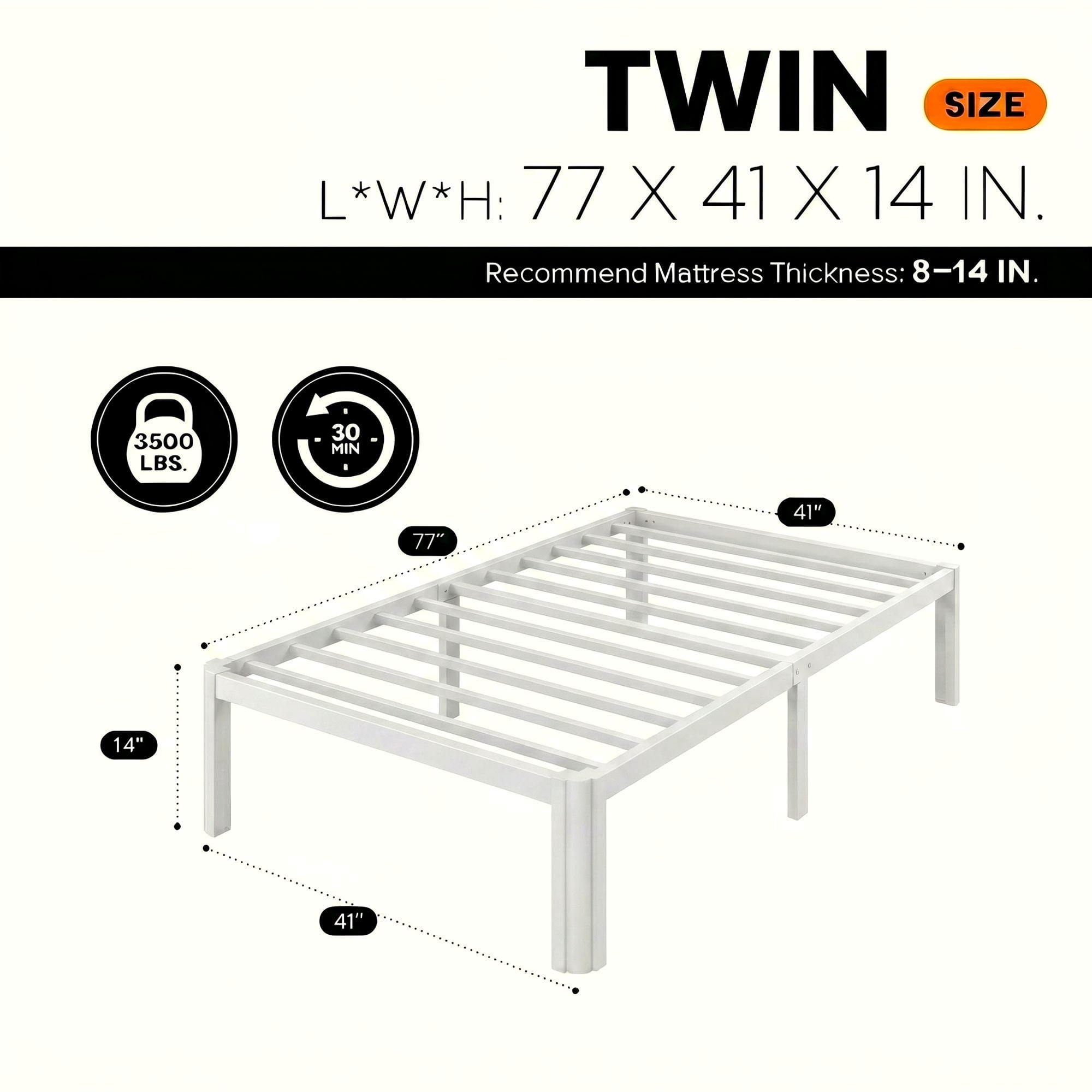 Einfach Twin Bed Frame, Platform Metal Bed with Ample Under-Bed Storage Space, Upgraded Curved Bed Feet, 3500 LBS Capacity, White