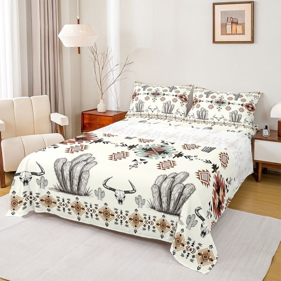 jejeloiu Retro Aztec Geometric Full Size Sheets Kids,Tribal Bohemian Style Print Bed Sheets,4-Piece