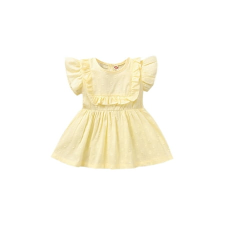 

CenturyX Baby Girls Casual Sweet Style Dress Jacquard Round Collar Lace Splicing Fly Sleeve Princess Party Skirt Children Summer Clothing Yellow 18-24 Months