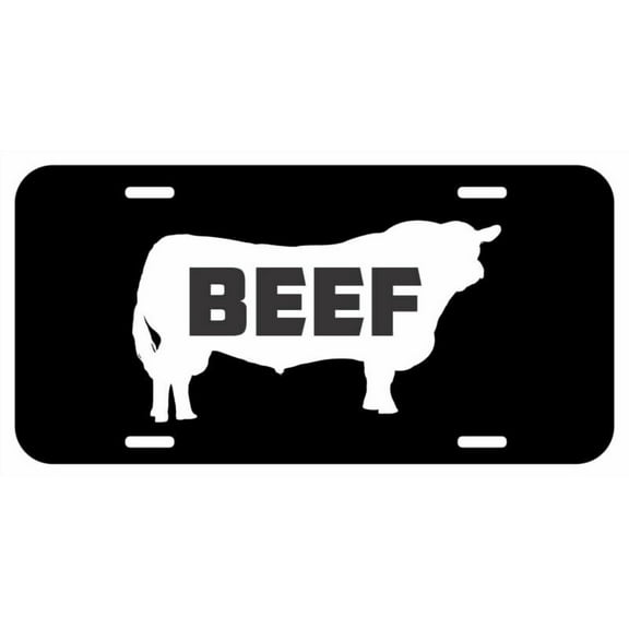 BEEF EAT Bull Metal On Black License Plate Tag Farmer Cattle Truck Car - Aluminum ( 12 inch x 6 inch )