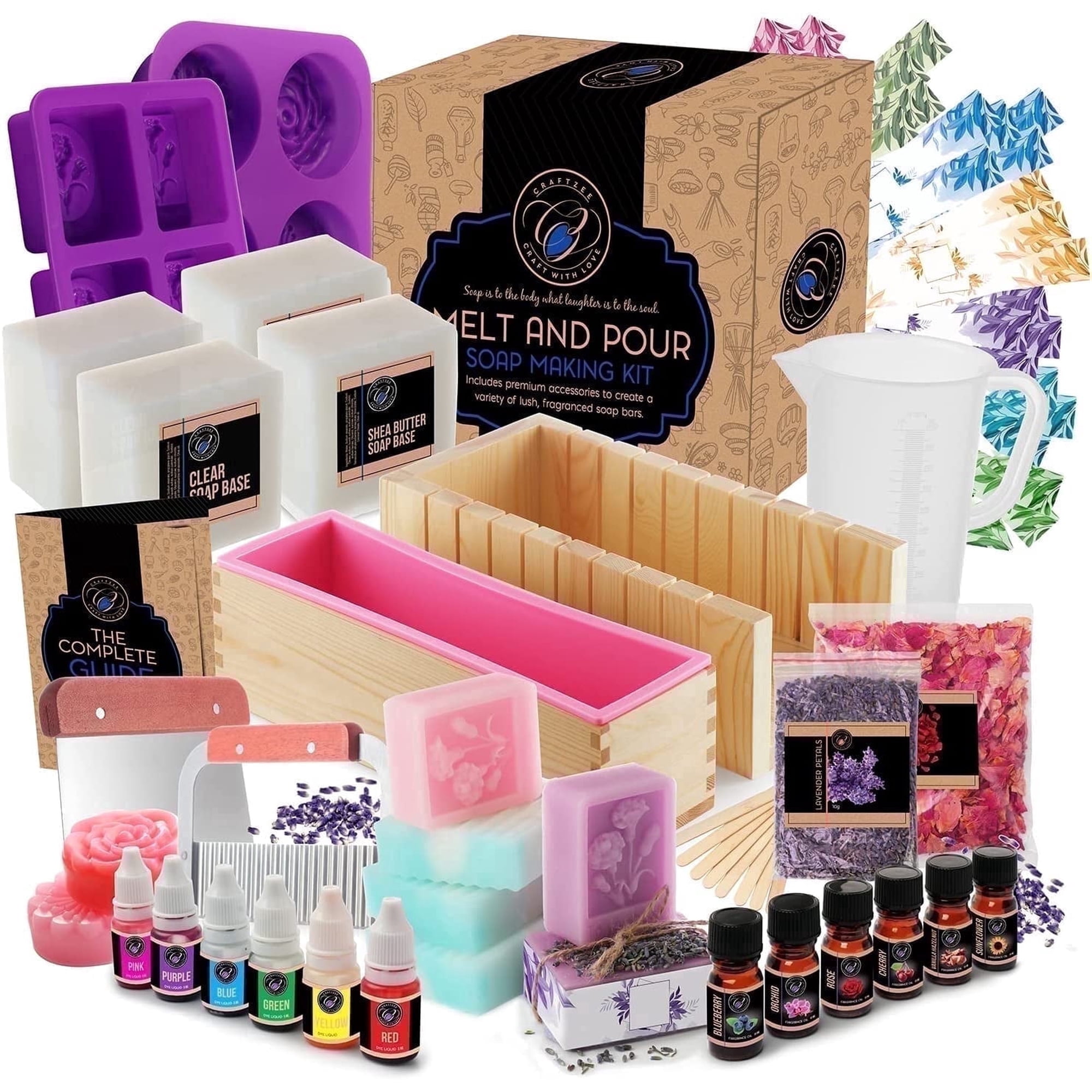 Craftzee 54 Piece Multicolor Deluxe DIY Rose Petals & Lavender Scented Soap Making Kits with 2 Melt-and-Pour Shea Butter Soap Bases