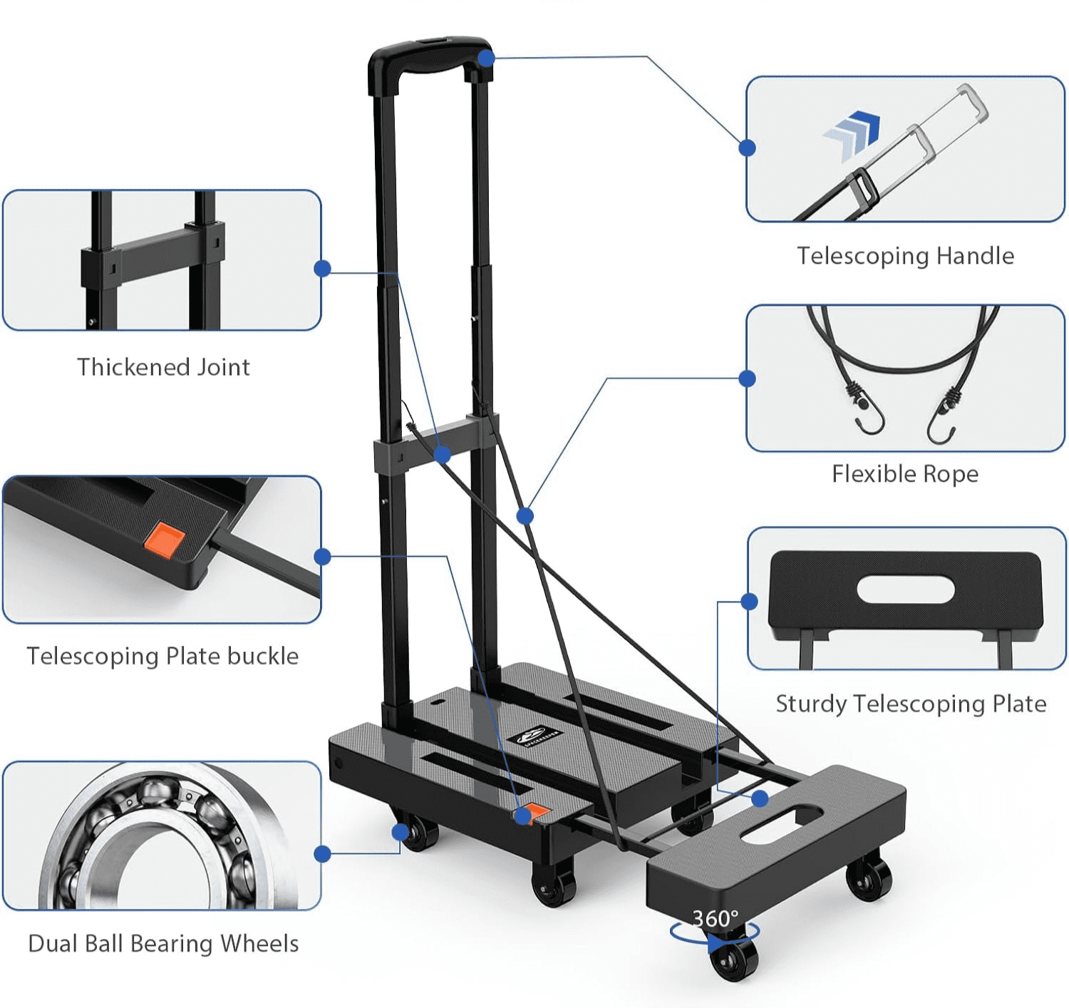 LLMRR Folding Hand Truck, Heavy Duty Dolly Cart, Collapsible Luggage Cart with 6 Wheels & 2 Elastic Ropes, 500 LB Capacity Portable Luggage Cart for Moving, Traveling and Shopping, Black