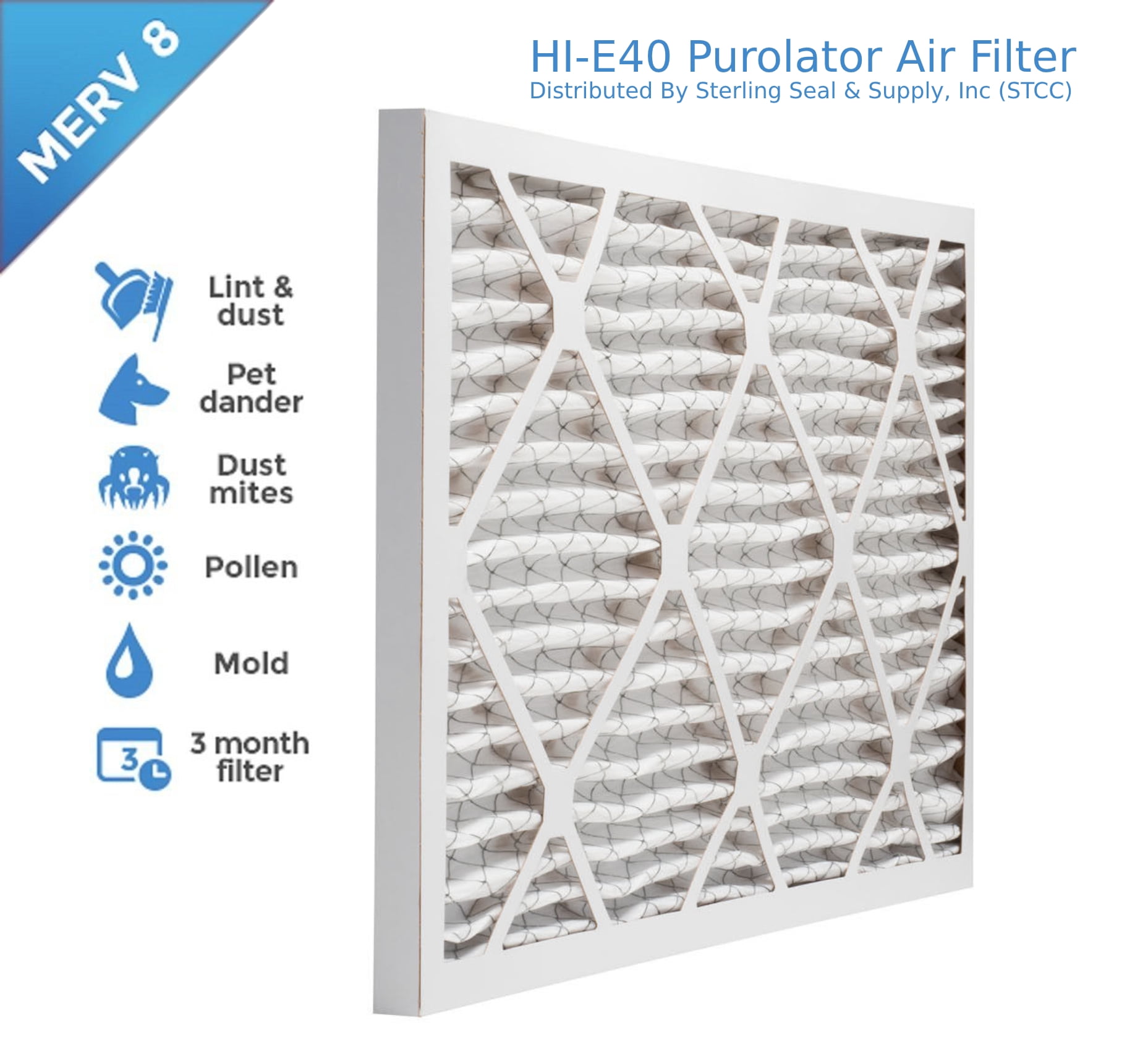 20x20x1 air filter, Purolator Hi-E 40 Extended Surface Pleated Air Filter, Nominal Size 20" W x 20" H x 1" D, Actual Size 19-1/2”W x 19-1/2”H x ¾”D, MERV 8, (6-pack)