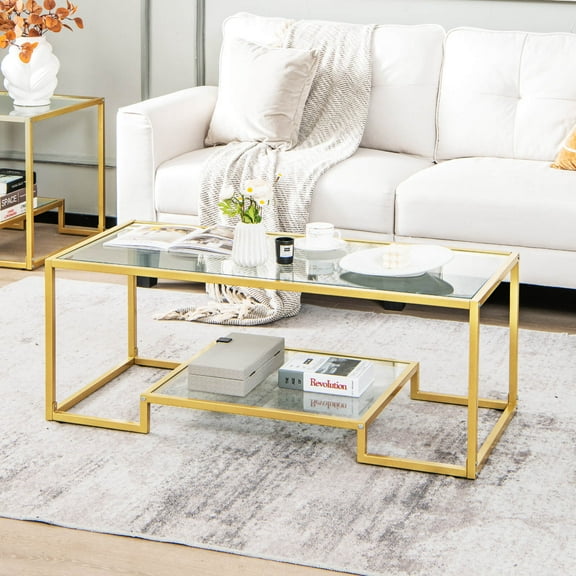 Infans 45'' Coffee Table Rectangular Tempered Glass Accent Table W/ Shelf Living Room