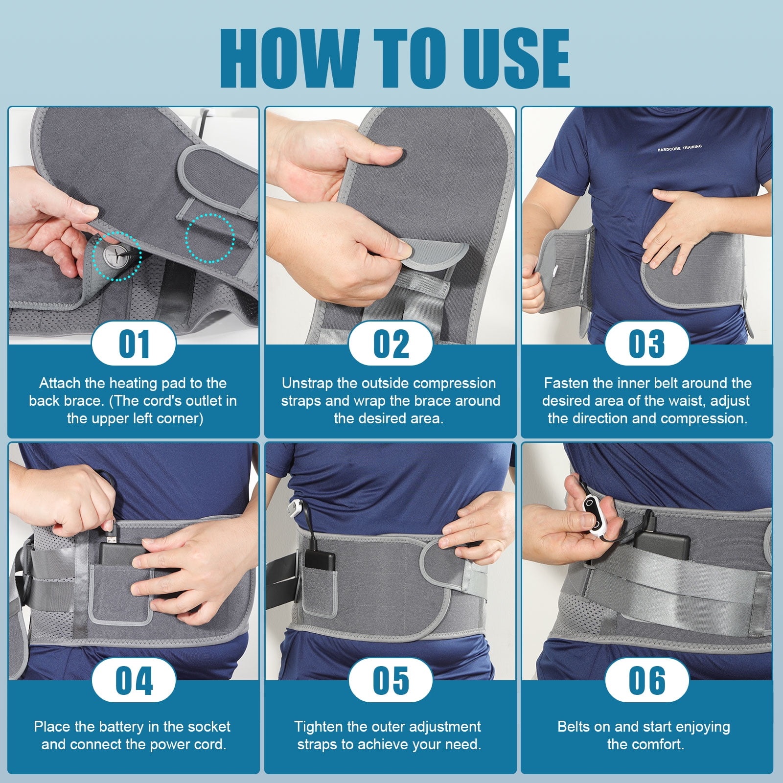 HONGJING Back Support Brace with Heating and Rechargeable Battery, for Lower Back Pain Relief, Gray, L