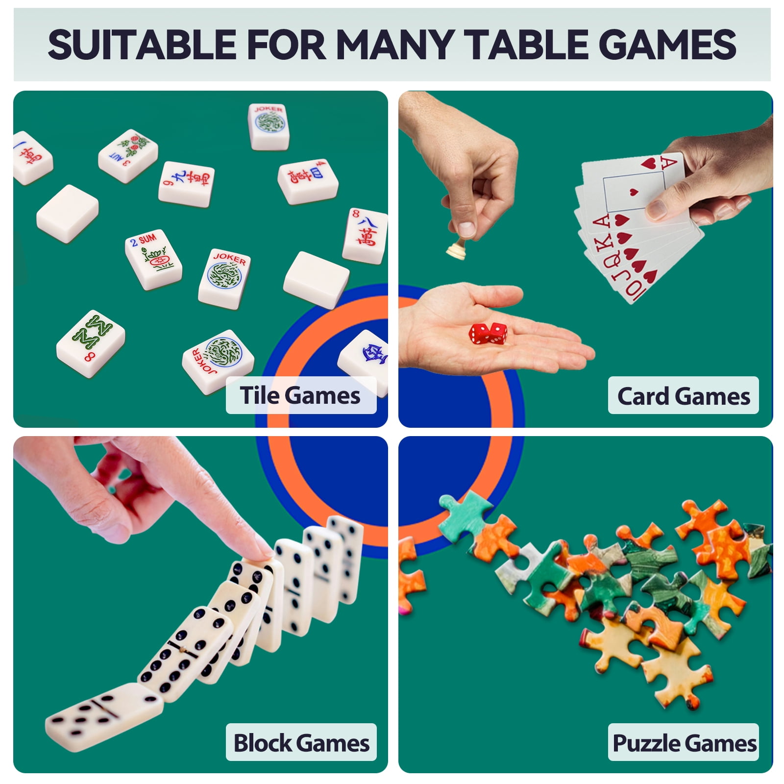 AzulHome Mahjong Mat with Black Carrying Bag, 31.5" Anti-Slip Mat with Rules Printed On Surface, Noise Reducing Table Cover for Poker, Cards & Dominoes, Green