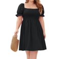 thumbnail image 3 of Plus Size Women Casual Dress Square Neck Puff Sleeve Smocked Waist Flowy Short Dress for Vacation Black L, 3 of 9