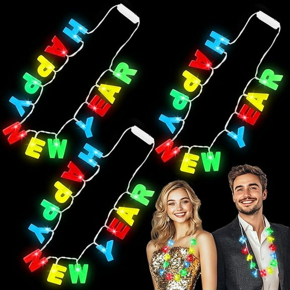 3 Pack Light Up Happy New Years Necklaces New Years Eve Party Supplies for Adult, Colorful Nye Necklaces with 14 Leds 3 Modes Glow In the Dark Party Accessories New Years Birthday Party Favors