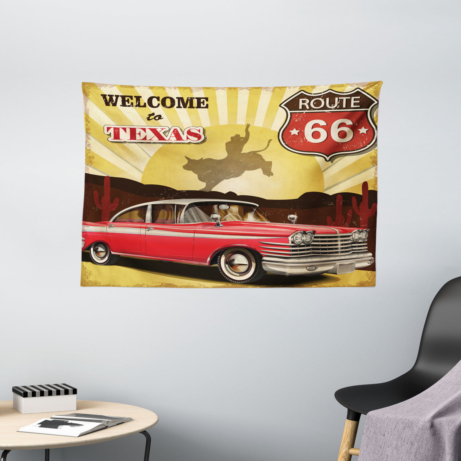 Cactus Route 66 Car Pattern Tapestry Wall Hanging for Living Room Bedroom Decor 