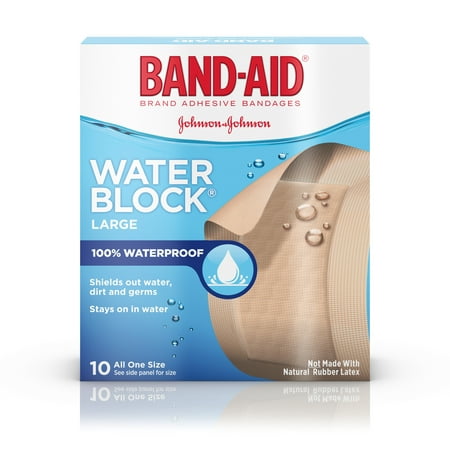 100% Waterproof Large Band-Aid Brand Water Block Plus Adhesive Bandages, 10