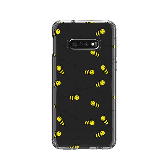 DistinctInk Clear Shockproof Hybrid Case for Samsung Galaxy S10e (5.8" Screen) - TPU Bumper, Acrylic Back, Tempered Glass Screen Protector - Repeating Bumble bees