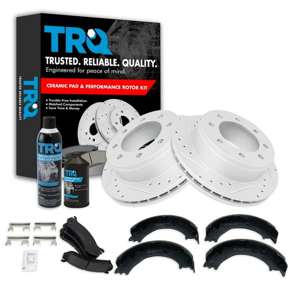 TRQ Rear Ceramic Brake Pad & Performance Rotor with Parking Shoe w/Fluids BKA21812 Fits select: 1999-2010 CHEVROLET SILVERADO, 2001-2009 GMC SIERRA