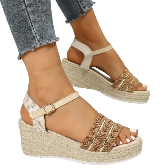 Wedges Heels for Women Espadrilles Platform Sandals Open Toe Splice Band Buckle Ankle Strap Summer Pumps Shoes Brown Size 9