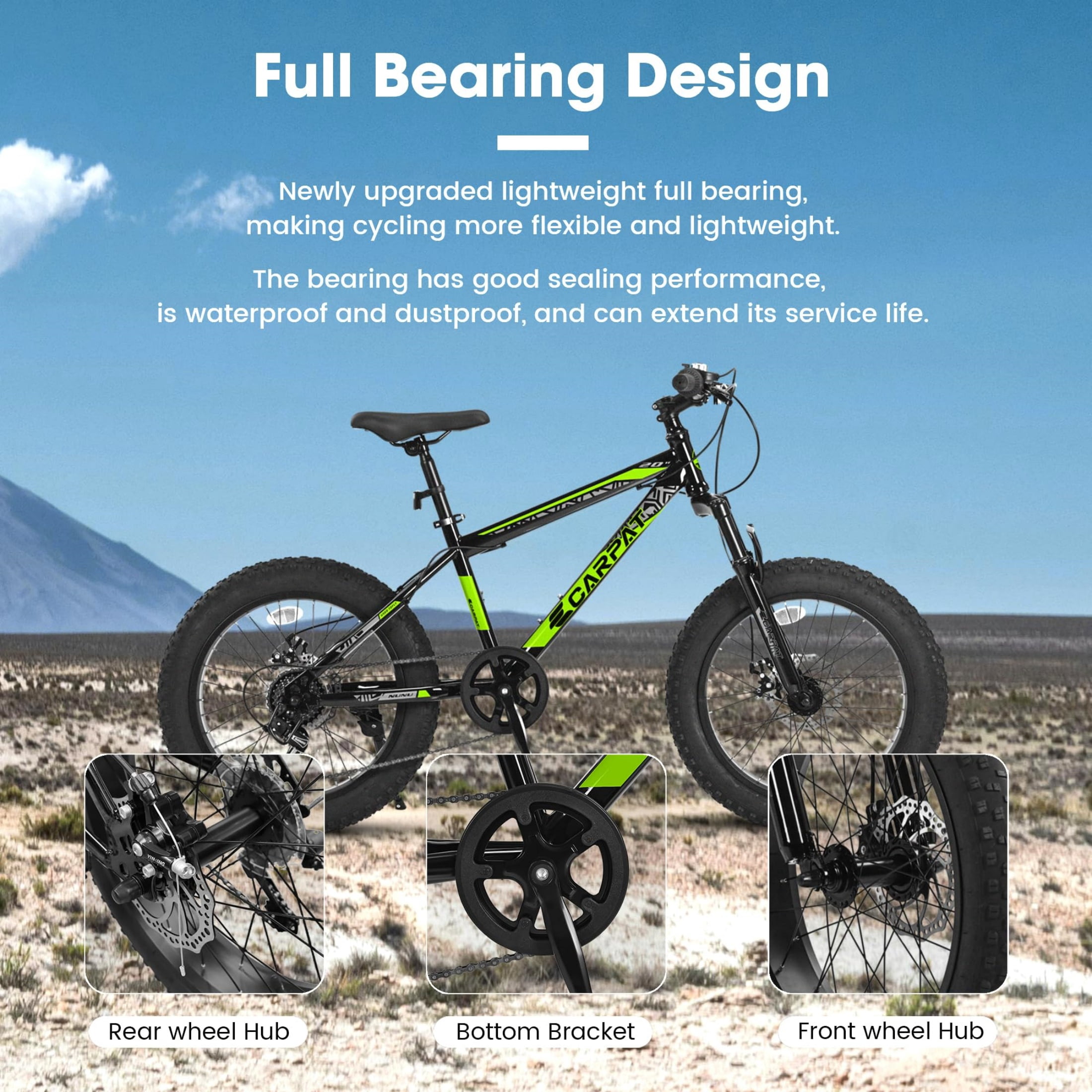 QEEKA 20 Inch Teenagers Mountain Bike,4.0"/2.125" Wide Non-Slip Tires,7-Speed,with Front Suspension,Dual Disc Brakes and Steel Frame,Kids MTB Bicycle for Ages 6-12 Years Old,Blackish Green