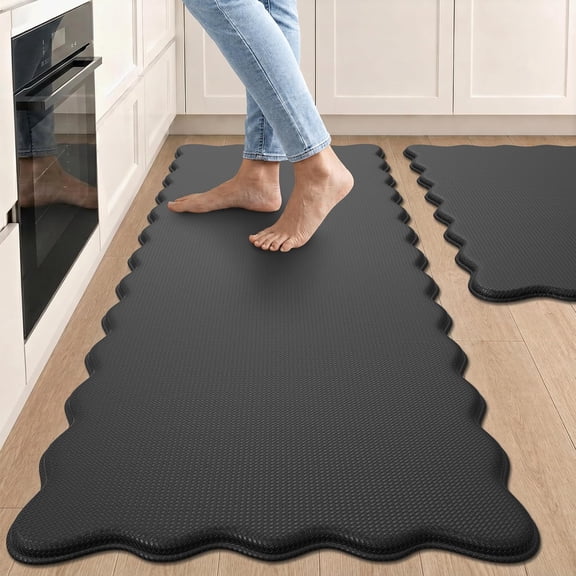 GALMAXS7 Scalloped Kitchen Mats for Floor,Non Slips Kitchen Rugs Anti Fatigue Mats for Standing,17"x29" 17"x47", Black