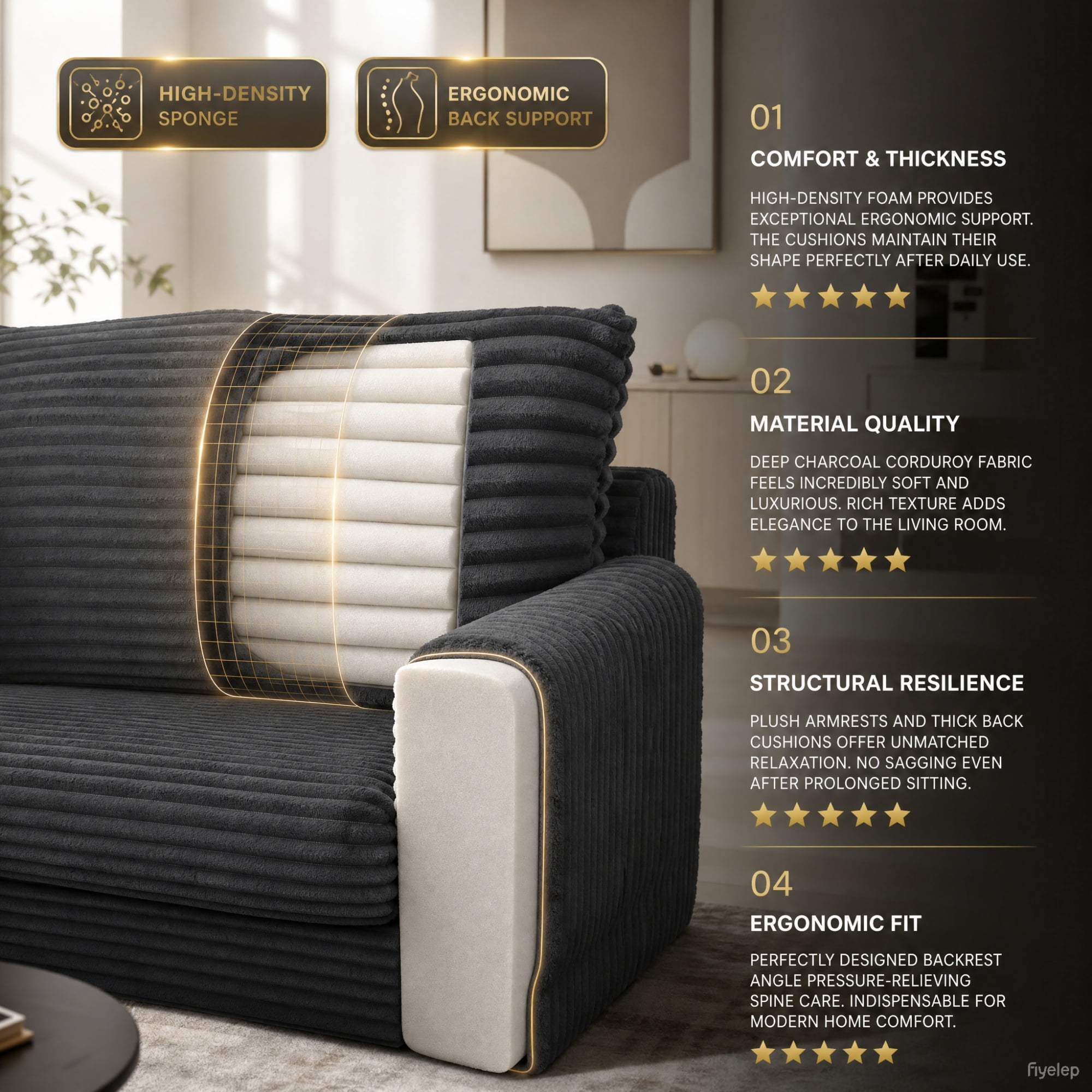 Garitin Modular Sectional Sofa 132 Inch U-Shaped, No Assembly Required Corduroy Couch with Double Chaise and Deep Seat for Living Room Apartment, Gray