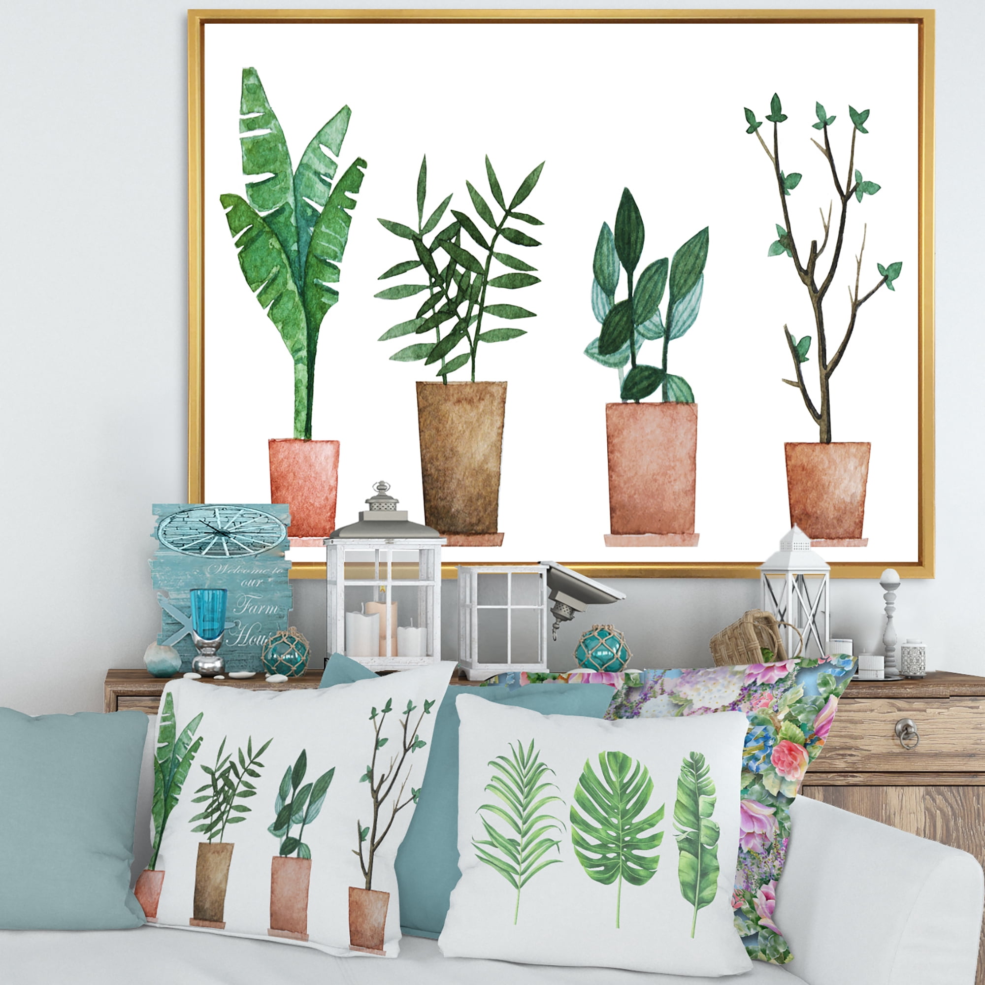 Designart 'Duo of Potted Flowers House Plants In Claypots' Farmhouse Framed Canvas Wall Art Print