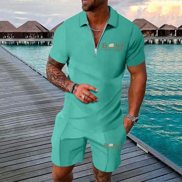 WILLBEST Conjunto Deportivo de Verano para Hombre, con Estampado de Letras Europeas, Informal, Holgado y Cómodo, de Manga Corta y Pantalones Cortos Deportivos con Bolsillo.