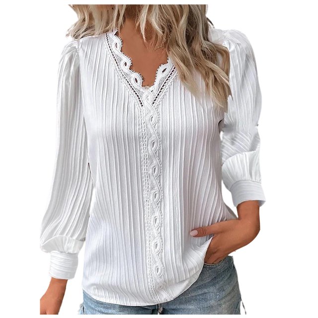 Timegard Plus Size Tops for Women Lace V Neck Puff Long Sleeve Dressy Casual Solid Color Tops Fall