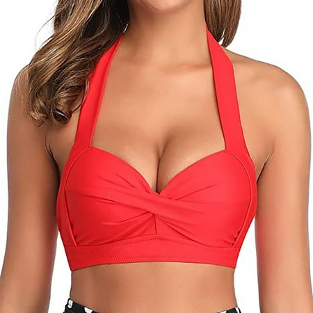 JGGSPWM Women Swim Top Halter Neck Bikini Top Ruched Push Up Bathing Suit Top Padded Swimsuit Top Only Watermelon Red M