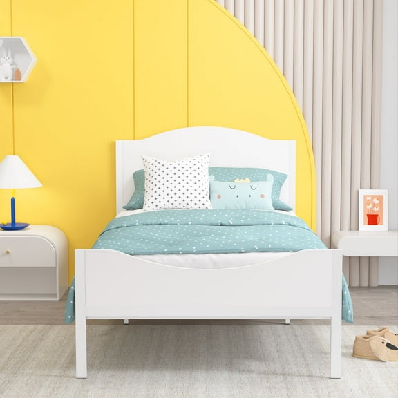 Timy Metal Twin Platform Bed Frame with Wood Headboard & Footboard for Boys Girls Adults Teens, White