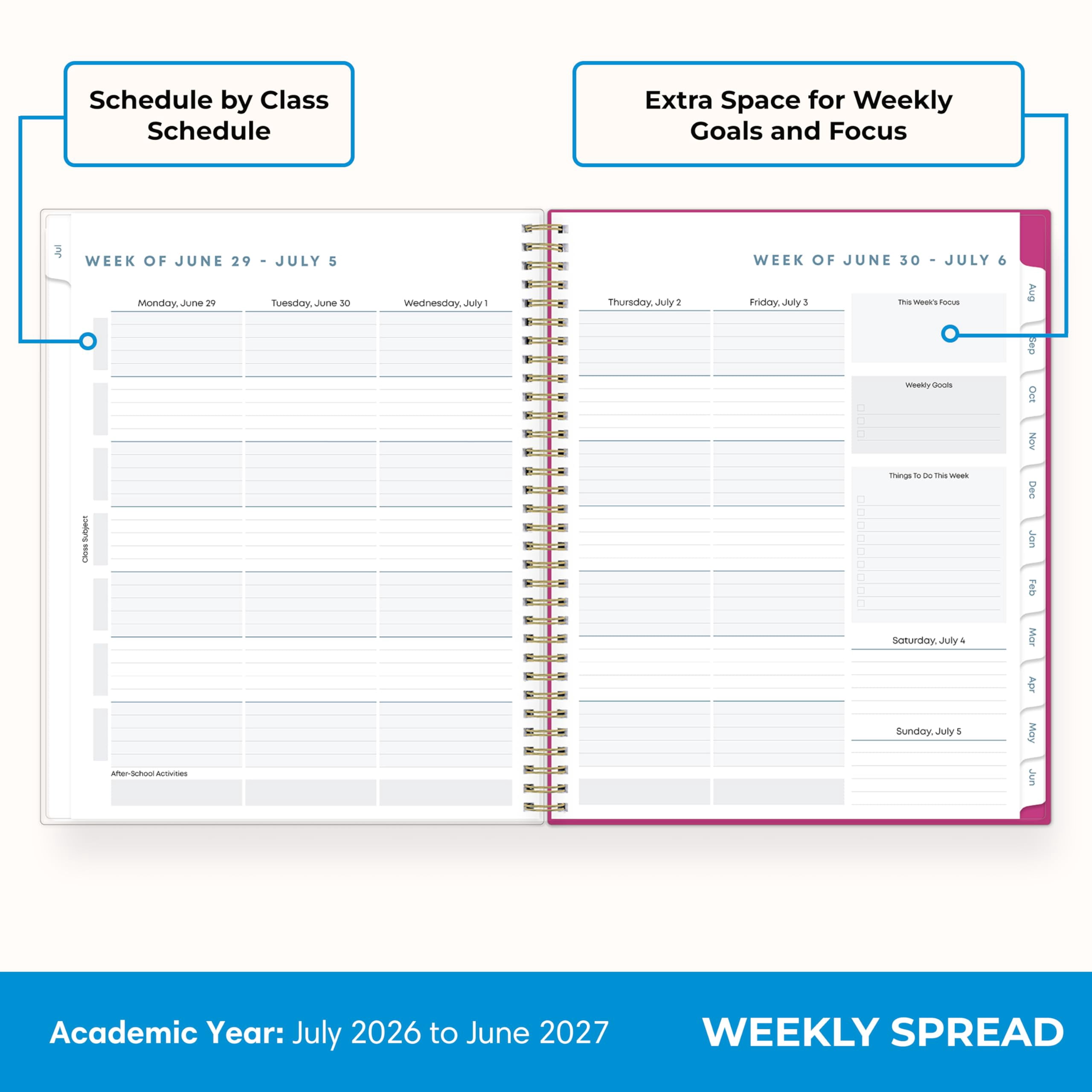 Blue Sky 2026-2027 Weekly and Monthly Academic Year Student Planner Calendar, July 2026 - June 2027, 8.5" x 11", Flexible Cover, Wirebound, Laminated Tabs, Storage Pocket, Star Confetti Bright