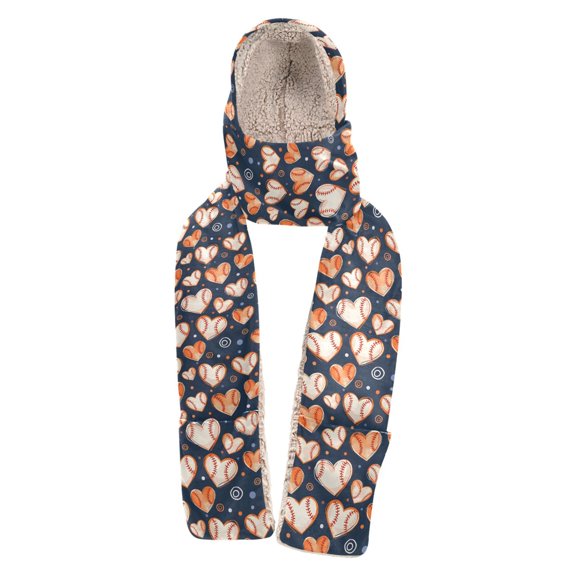 BZSMCE 3‑in‑1 Hooded Scarf with Pockets Soft Plush Lined Winter Hat Scarf Gloves Combo Baseball Heart Pattern Print Warm Neck Wrap for Outdoor Skiing Walking