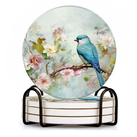 BaHomeck Drink Coasters Set of 4 with Holder Blue bird perched on the branch of blooming flowers Water Absorbent Ceramic Coasters Tabletop Protection,Suitable for Various Cup ,Home Decor