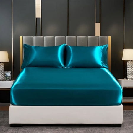 Silk Satin Queen Fitted Bed Sheet Only, Breathable Deep Pocket Fitted Sheet Non- Fading Fully Elasticized Bed Sheets for Bedroom