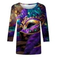 thumbnail image 4 of QATAINLAV Blouse Mardi Gras Tops for Women Daily Tshirt 3/4 Sleeve Blouse Mask Print Top Carnival Costume O Neck Casual Shirt Multicolor L, 4 of 6