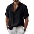thumbnail image 3 of Men's Linen Shirts Summer Short Sleeve Button Down Collar Beach Boho Tops Casual Breathable Henley Shirts Plus Size, 3 of 8