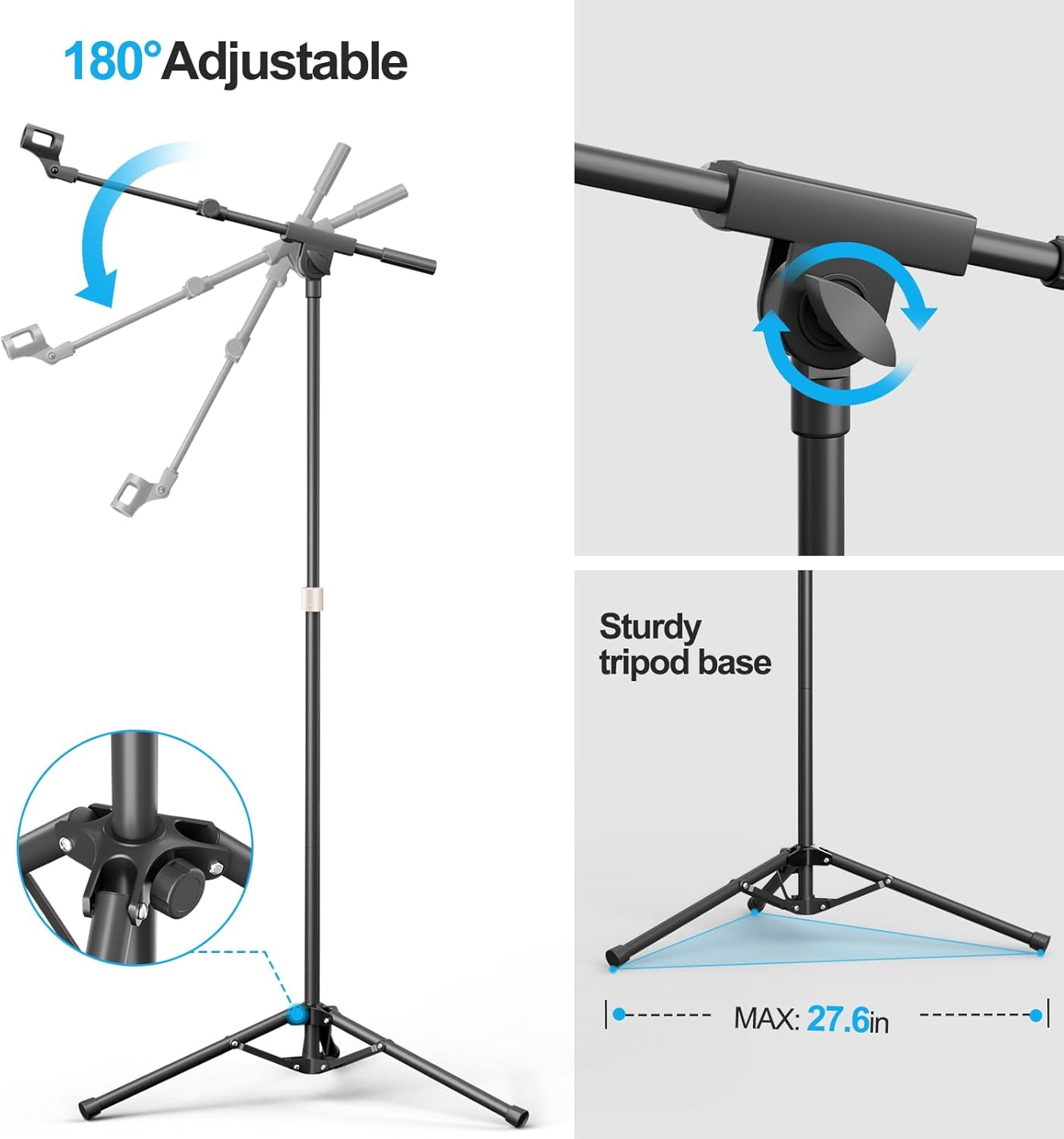 OUKMIC Microphone Stand with Boom Arm, Adjustable Tripod Mic Holder for Singing, Recording, Podcast and Stage