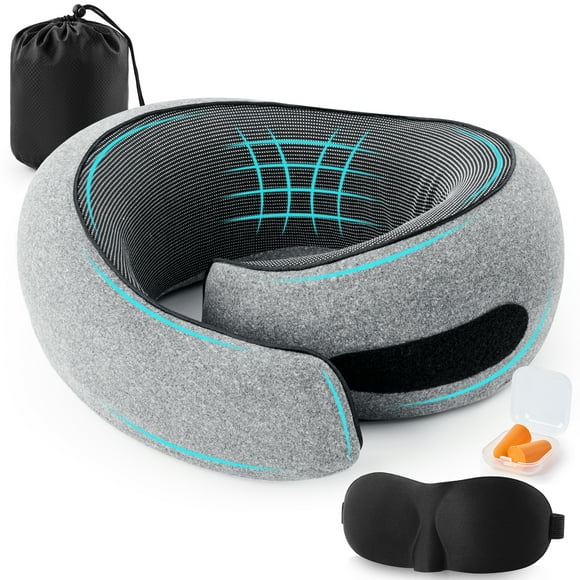 MOONORAH Travel Pillow for Airplanes, 360° Support Memory Foam Travel Neck Pillow with 3D Contoured Eye Mask, Earplugs and Storage Bag for Airplanes Offices Cars, Gray