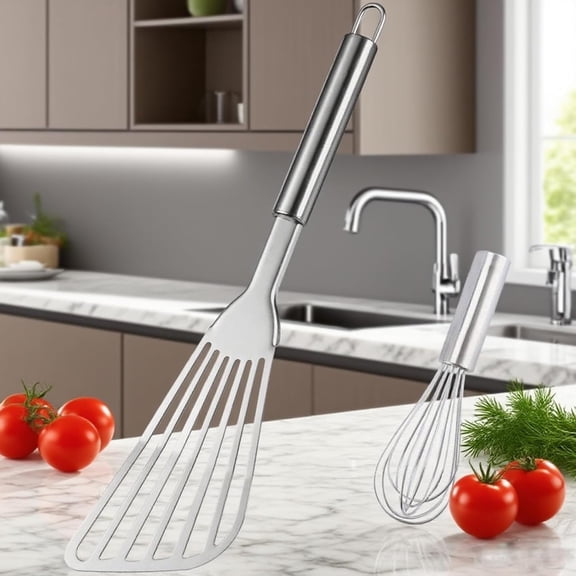12.8in Stainless Slotted Fish Spatula   5.5in Mini Whisk - Sturdy Hollow Handle Turner for Flipping Frying Grilling, Silver