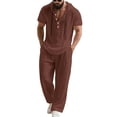 thumbnail image 2 of Sets for Men Clothing 2 Piece Solid Color Cotton-Linen Look Short Sleeve Hooded Shirt and Drawstring Waist Pocket Pants, Resort Style Outfit Brown XXXL, 2 of 5