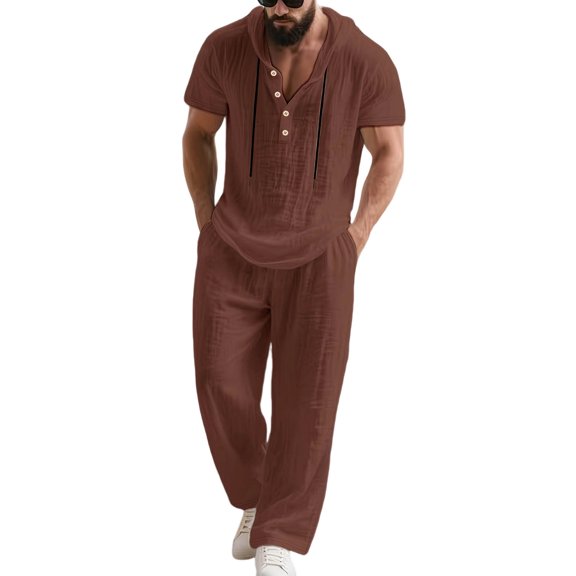 Mrmaere Men's Suit Set Hooded Design With Pockets Drawstring Waist Solid Pattern Versatile Design For Multiple Occasions Brown L