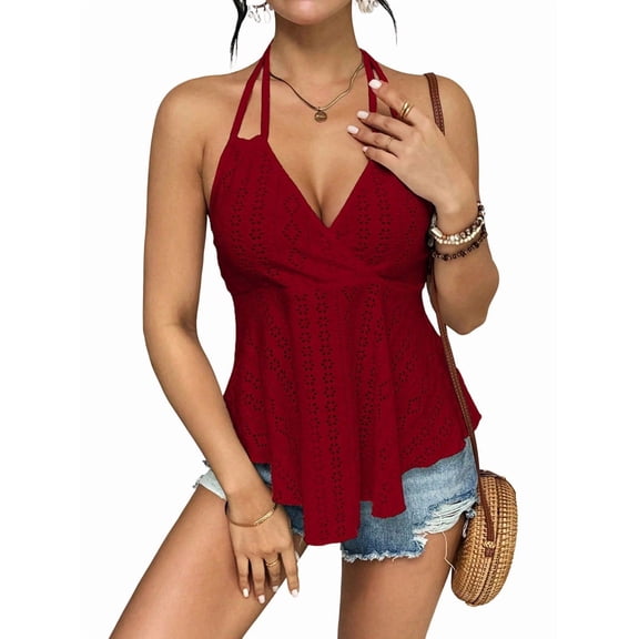 Women Tie Back Tank Tops Criss Deep V Neck Spaghetti Strap Backless Tanks Going Out Wine Red XL