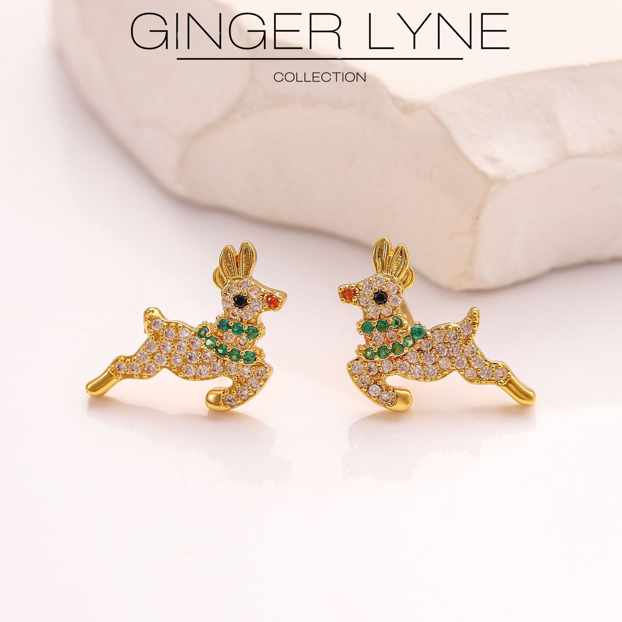 Christmas Reindeer Earrings Womens Flying Deer 14KT Gold Plated Stud CZ Ginger Lyne Collection