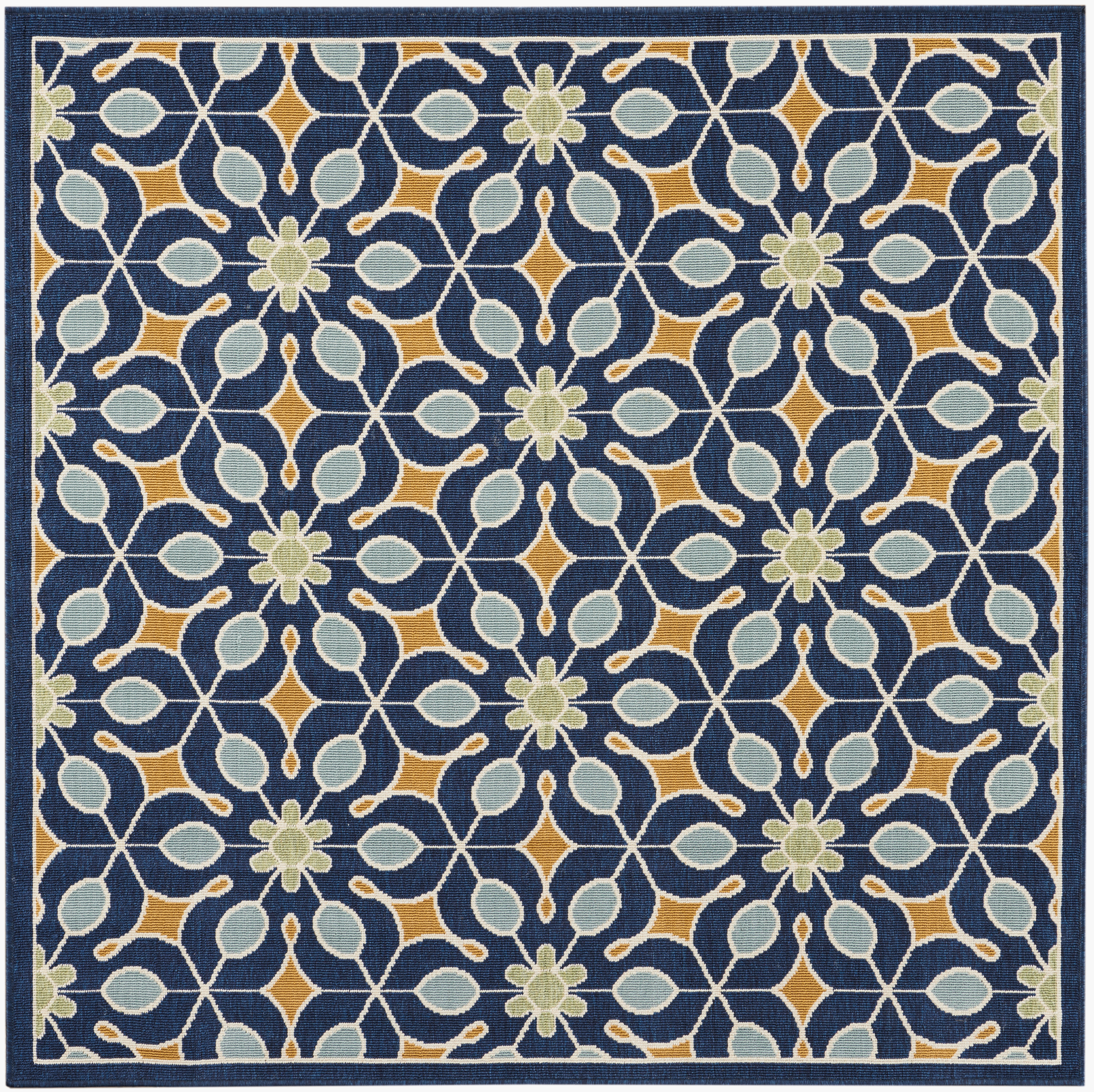 Nourison Caribbean Indoor/Outdoor Retro Floral Navy 5'3" x SQUARE Area Rug, (5' Square)