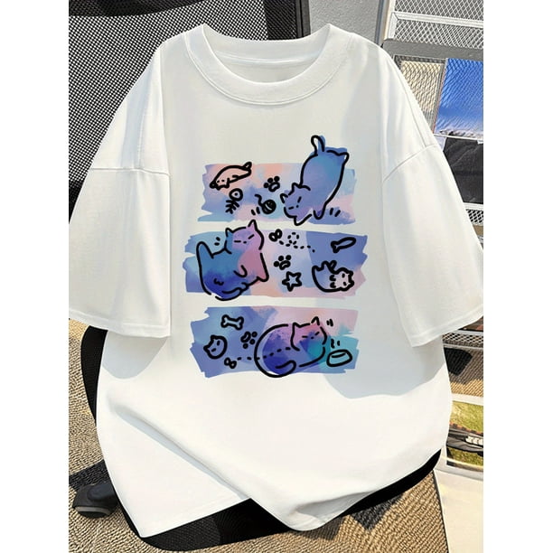 Men'S Boho-Chic Cotton T-Shirt with Cat Print-Short Sleeve, Round Neck, Casual Tee, Unisex Clothing, Go with Everything